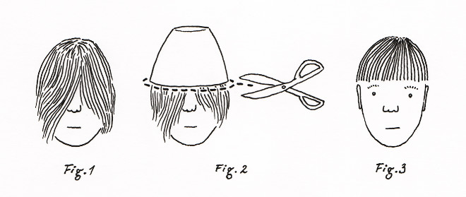 A bowl cut, or bowl haircut, is a simple, plain, and short haircut where the hair is cut with a straight fringe on the front and the rest of the hair is the same length all the way around or is cut short on the sides and back. It is so named because it looks as though someone were to place a bowl on the head and cut off or trim all of the hair to a very short length.